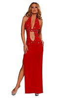 SS-3-262 Halter Top Gown with Trimmed Rhinestoned Open Front